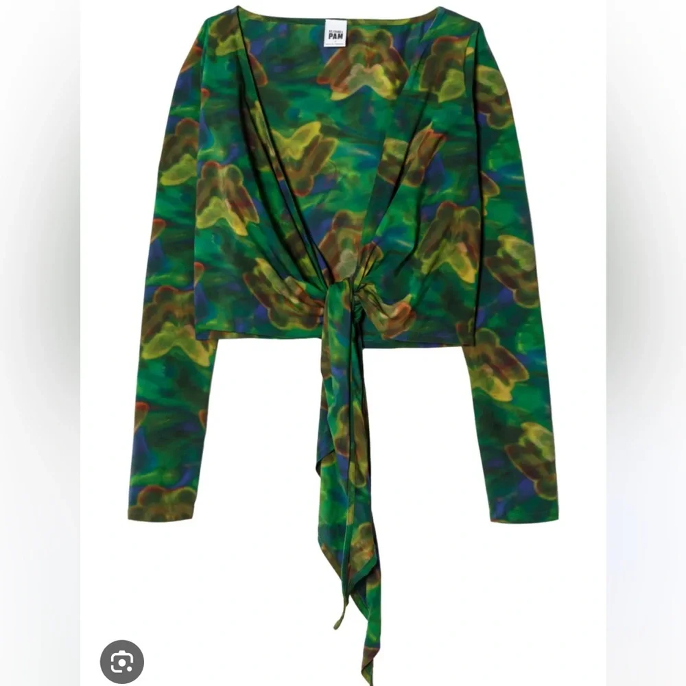 Re/Done x Pam Anderson Wrap Tie Top - Green Butterfly - Picture 2 of 8